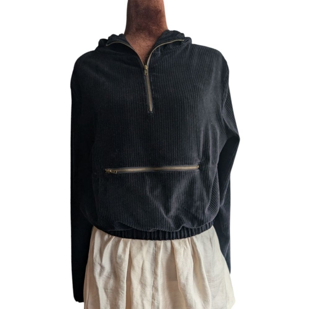 Revamped Black corduroy Half-Zip Hoodie Size M